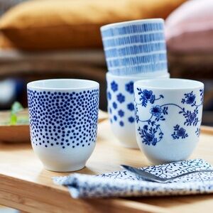 New - IKEA Entusiasm set of 4 tumblers / teacups 7 oz - patterned blue